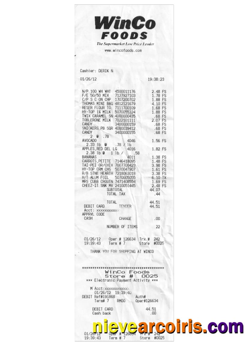 WINCO FOODS payments receipt